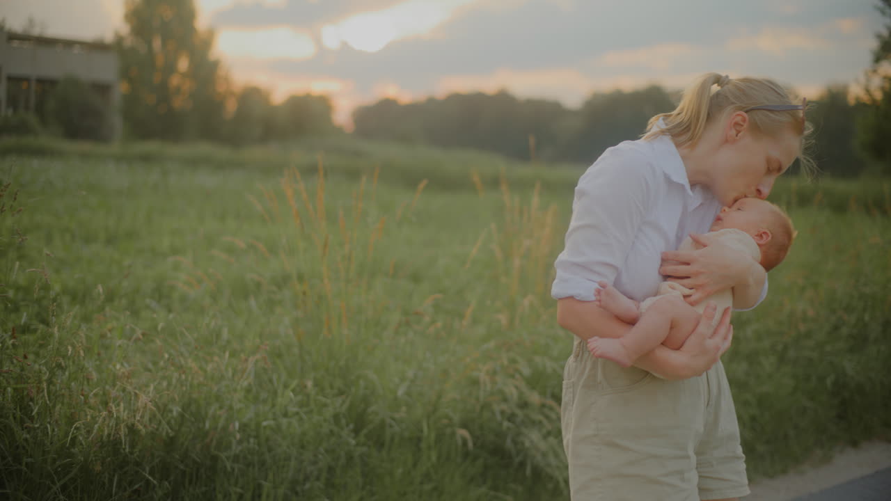 Happy Mother Dancing with Baby at Sunset