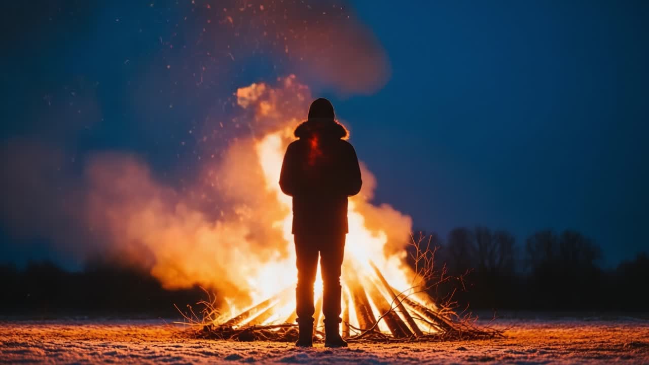 A solitary figure stands before a roaring bonfire, enveloped in sparks and warmth, set against a darkening sky while surrounded by serene winter landscapes