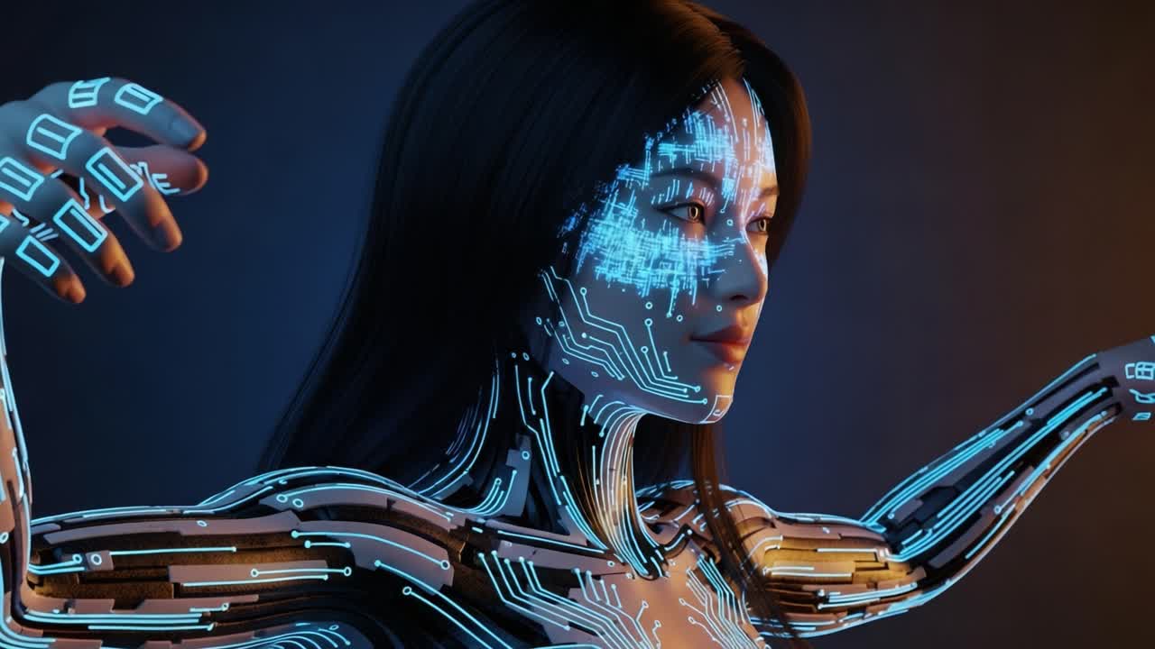 A futuristic representation of a humanoid figure with cybernetic features and illuminated circuitry, illustrating the convergence of technology and human form in a digital landscape