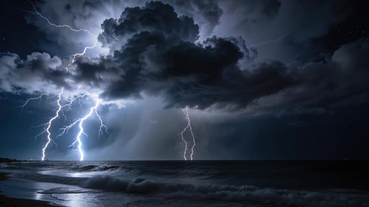 Nuvola temporalesca pulsante e lampeggiante, che scaglia fulmini ramificati sul mare notturno, illuminando la colonna di pioggia e le onde