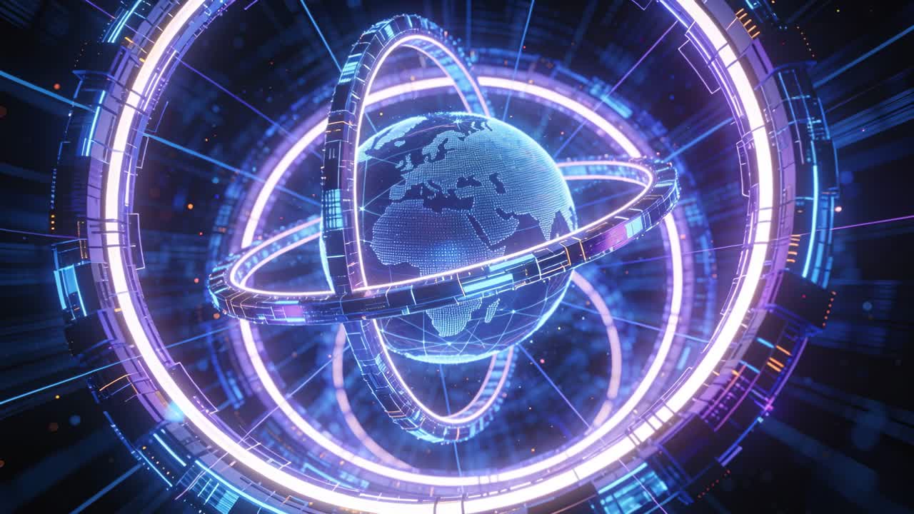 Globo digitale rotante con anelli orbitanti e moduli a scorrimento per la visualizzazione dei dati nell'HUD.
