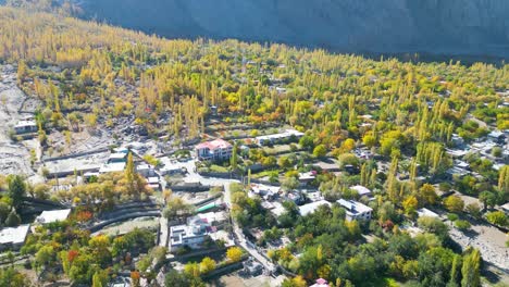 Pan-shot-of-Skardu-Valley-filled-with-beautiful-yellow-trees-in-Pakistan