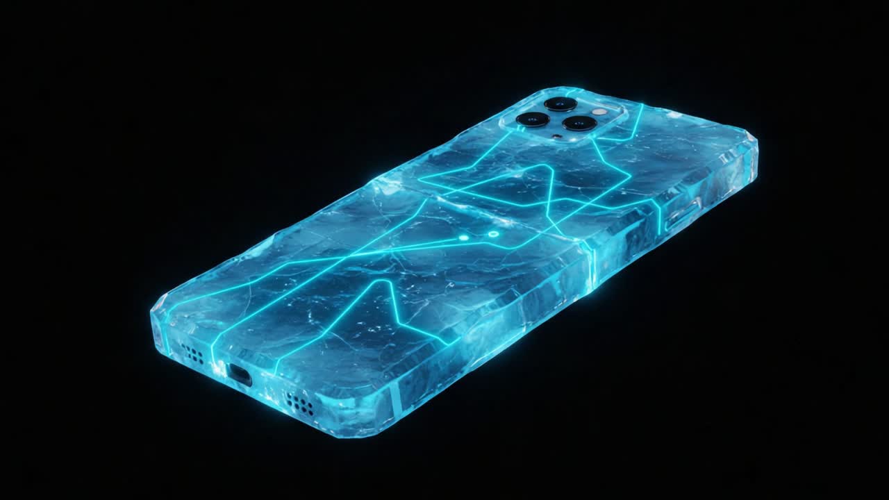 A Stunning, Futuristic Phone Case with Neon Blue LED Highlights on a Transparent Background, Showcasing Modern Design and Technology in an Eye-Catching Aesthetic