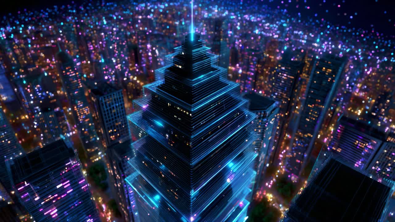 A Stunning Aerial View of a Futuristic Cityscape with a Majestic Skyscraper Illuminated by Vibrant Neon Lights, Oozing Technology and Innovation Amidst a Sea of Colorful Urban Life