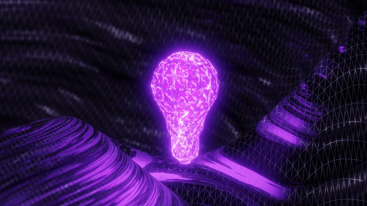 Glowing purple light bulb above abstract black and gold metallic surface. Innovation and creative idea concept. Design for poster, banner, wallpaper, header vertical