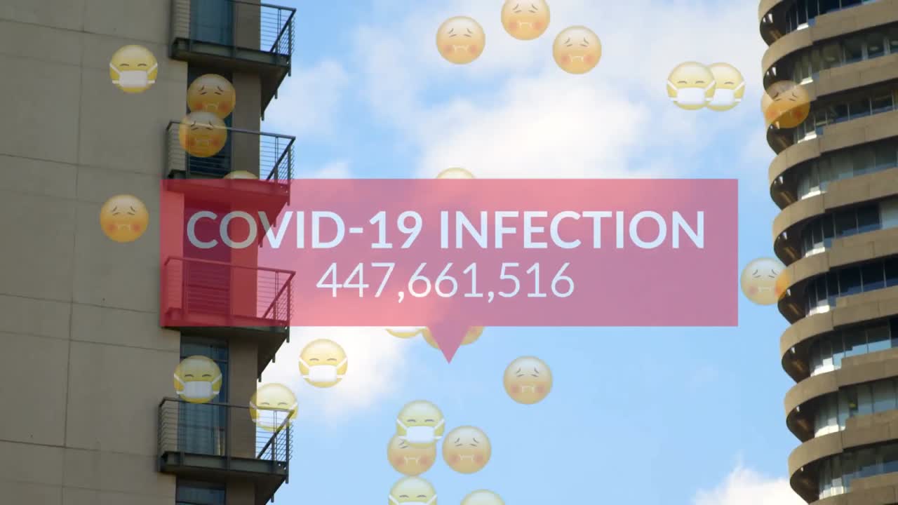 얼굴 마스크와 도시 풍경과 함께 여러 병자 이모티콘을 통해 코로나 19 데이터 처리의 애니메이션