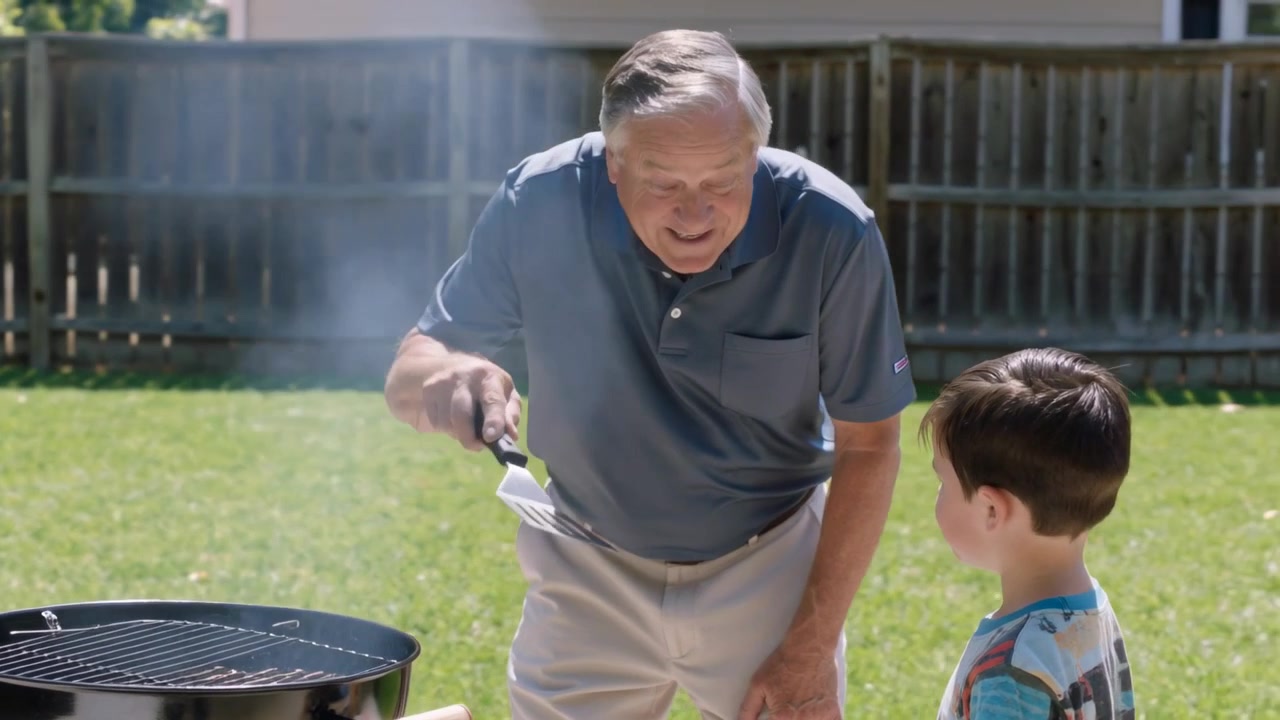 Fanning senior man in polo leaning over smoking charcoal grill in yard, using spatula, teaching boy