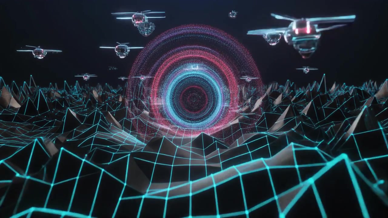 Futuristic Drones Flying Over Digital Wireframe Landscape Towards Glowing Portal