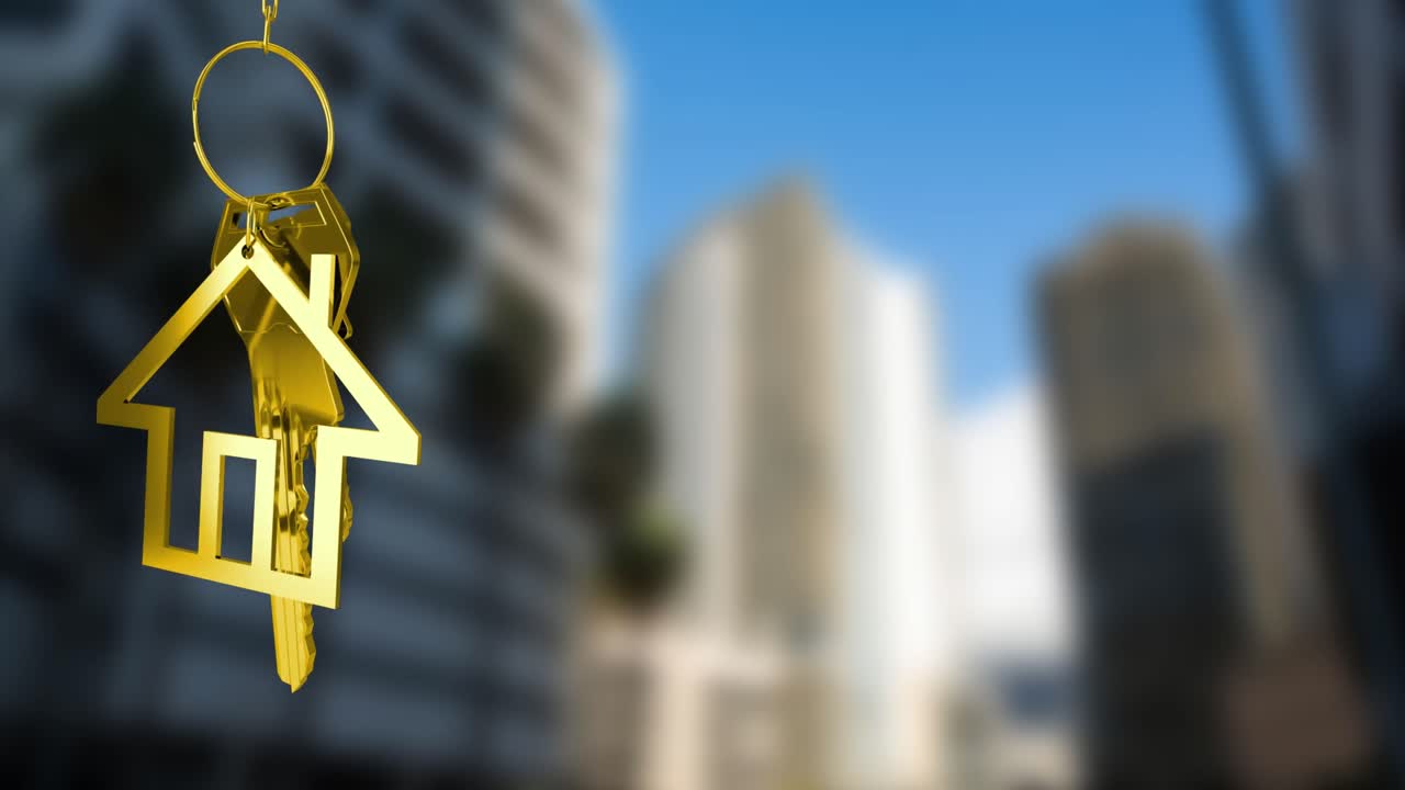 animazione di golden key e house over cityscape