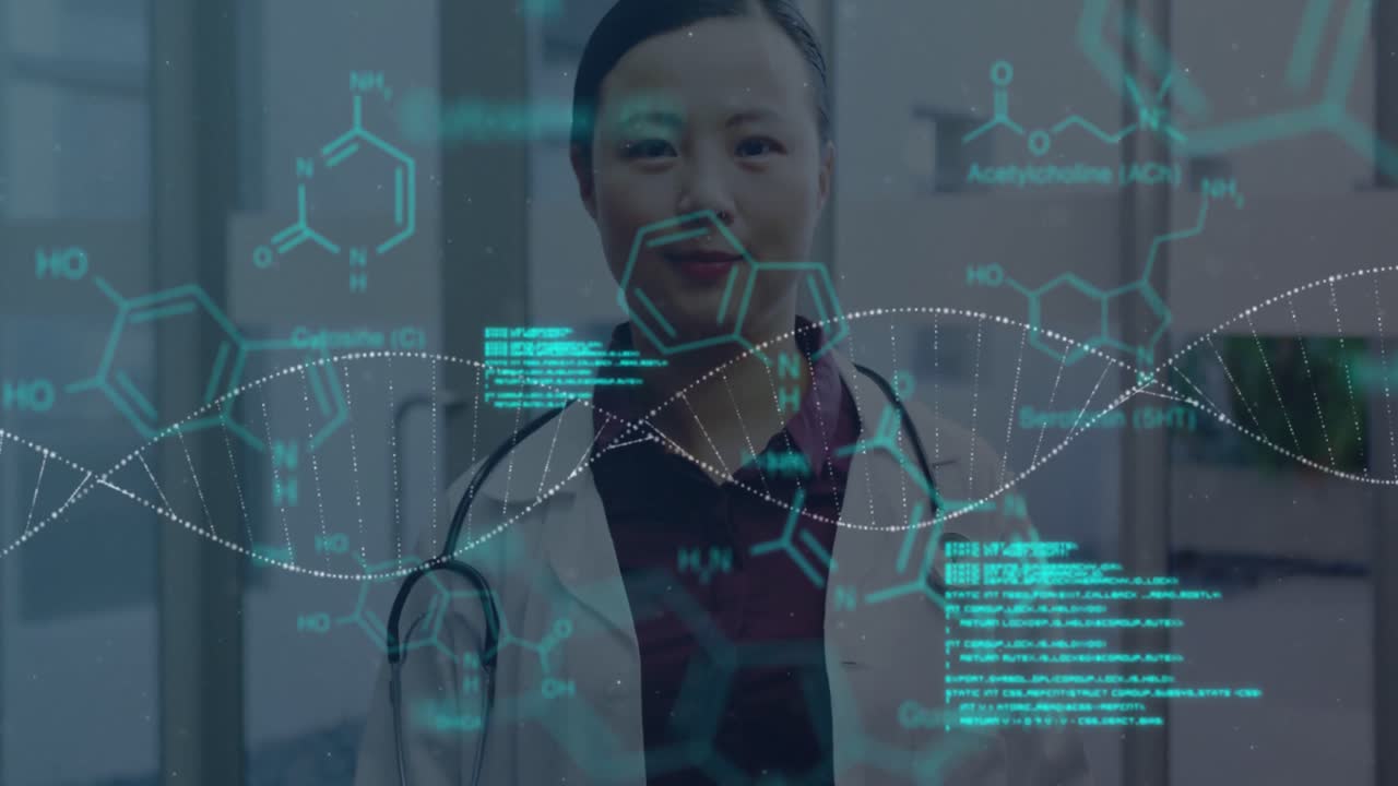 Chemical and DNA structure moving against female doctor standing in hospital