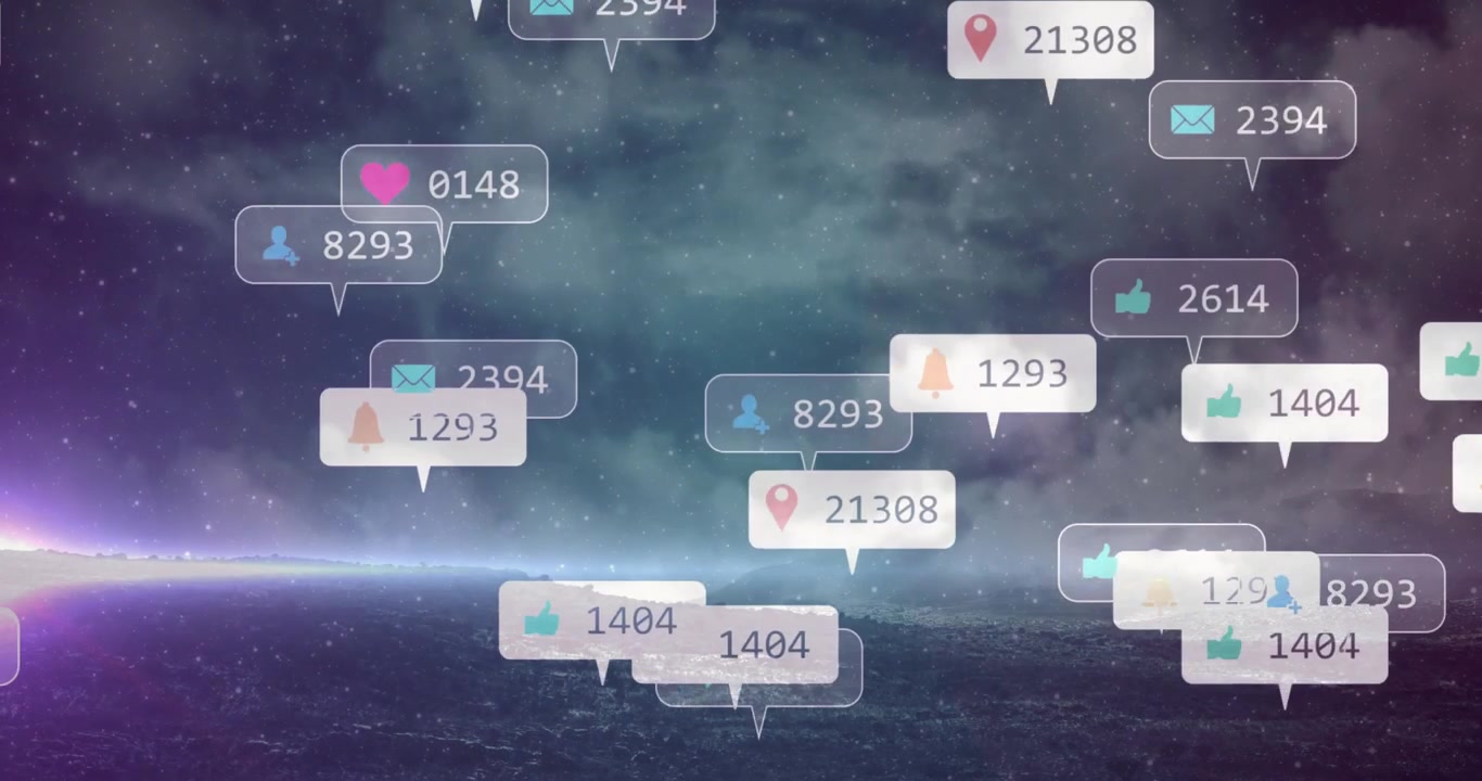 Social Media Notification Icons Floating Over Abstract Night Landscape