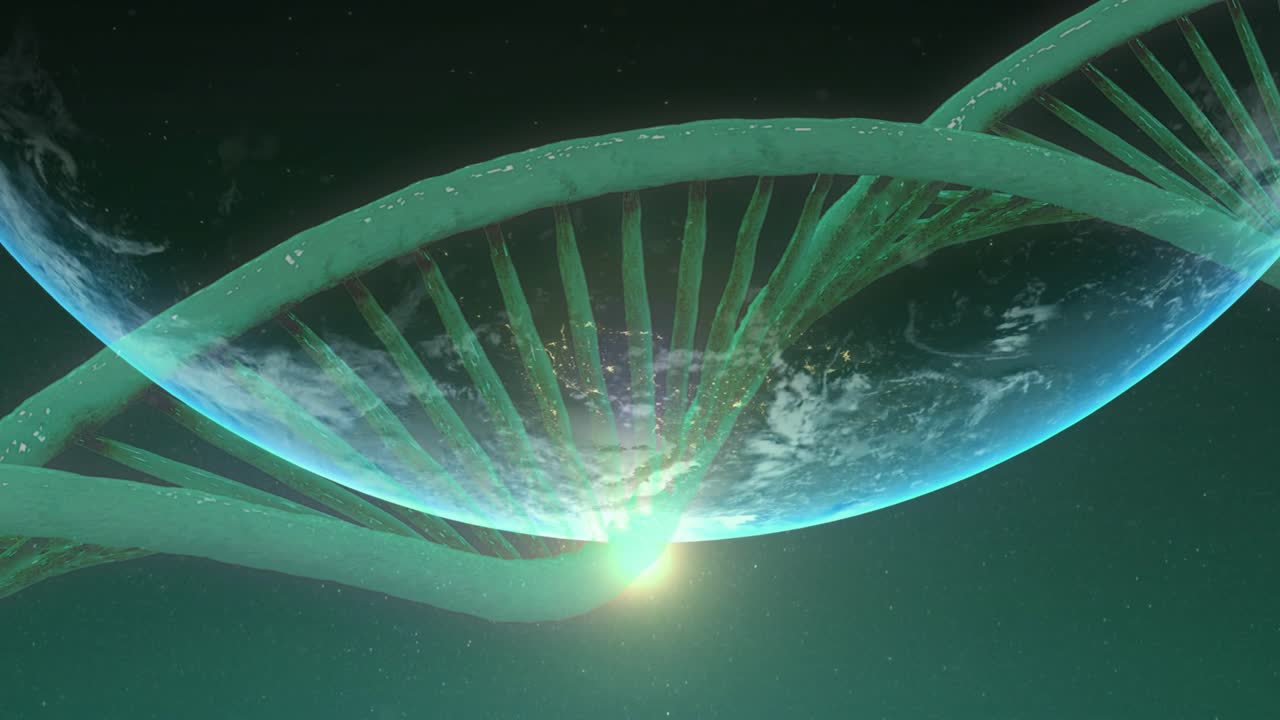 Partikelstäbe konvergieren zu einer DNA-Helix über dem Planetenrand und enthüllen Biotechnologie-Daten im Licht der aufgehenden Sonne.