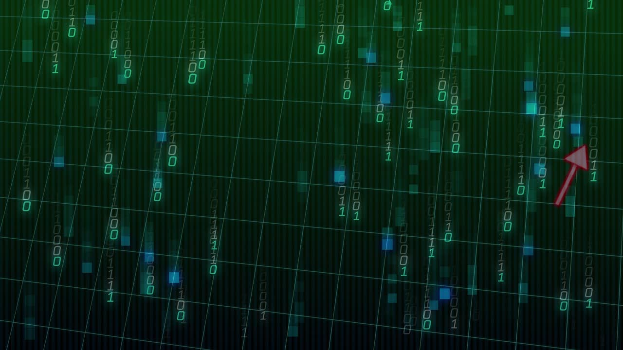 Animated red zigzag arrow chart rising over grid with green binary code and floating teal squares
