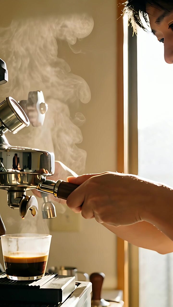 Video verticale: Uomo in maglietta che tiene un portafiltro, acqua calda che eroga il caffè a casa, spazio per il testo