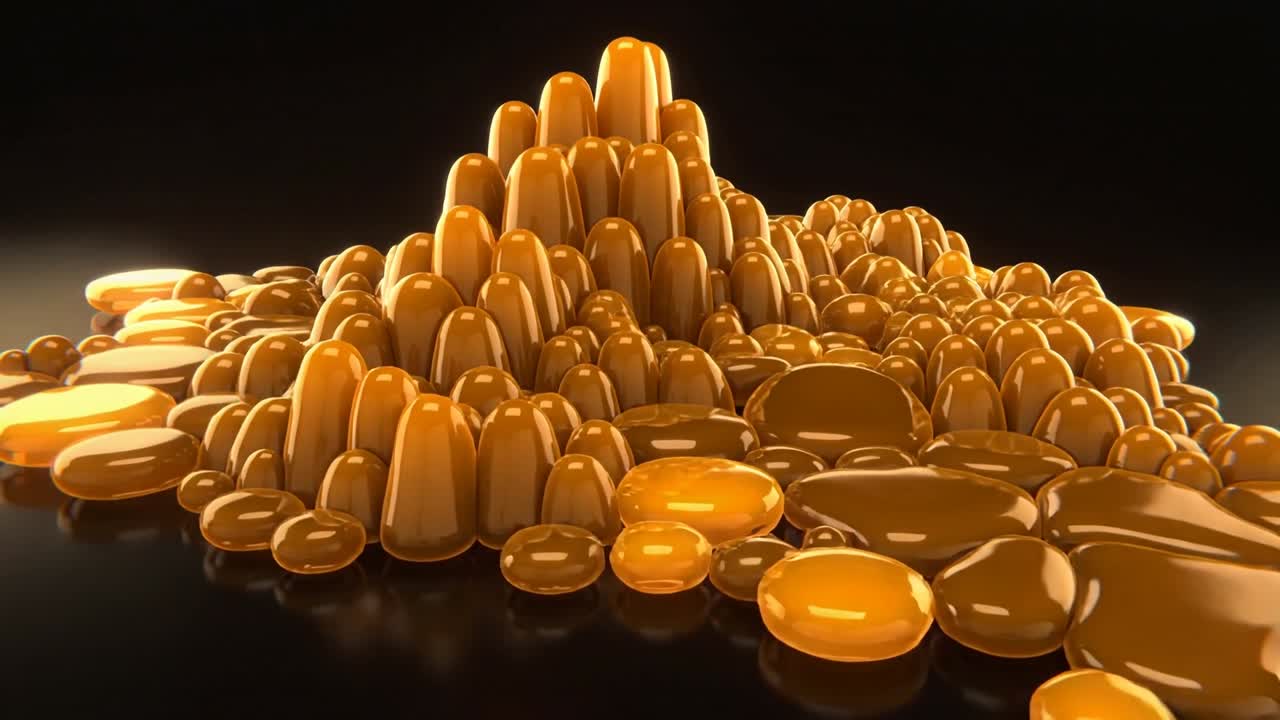 Video verticale: Animazione che inizia con goccioline color ambra che salgono e si fondono sul pavimento dello studio, formando un cumulo.
