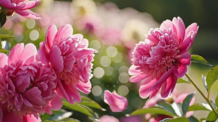 Peonie rosa in fiore sotto una morbida luce solare dorata con sfondo bokeh