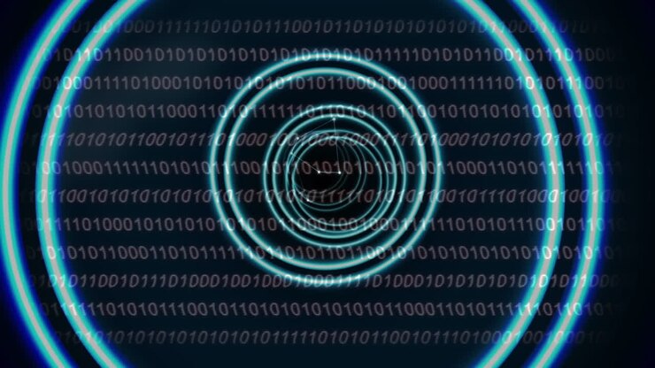 Animation of tunnel made or circles over black background with binary code