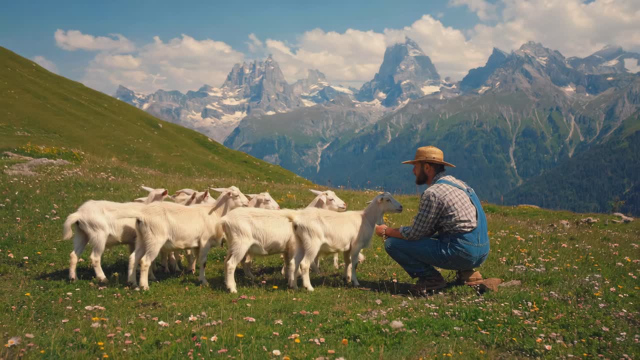 Bauer mit Schafen auf der Bergwiese