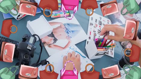 Animation-of-handbag-repeated-over-table-in-fashion-studio