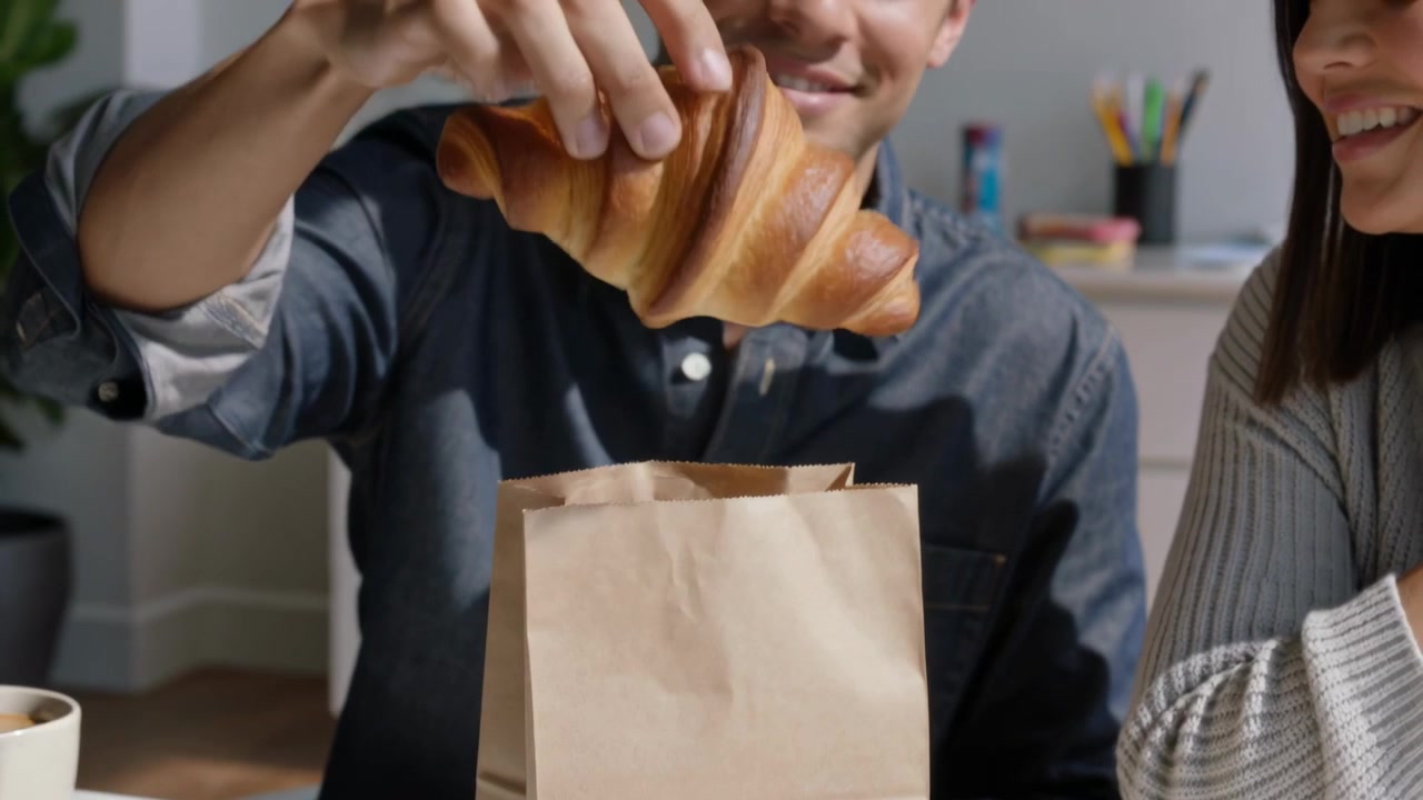 Uomo con maglia scura che prende un croissant da un sacchetto di carta al tavolo di casa, offrendolo al partner.