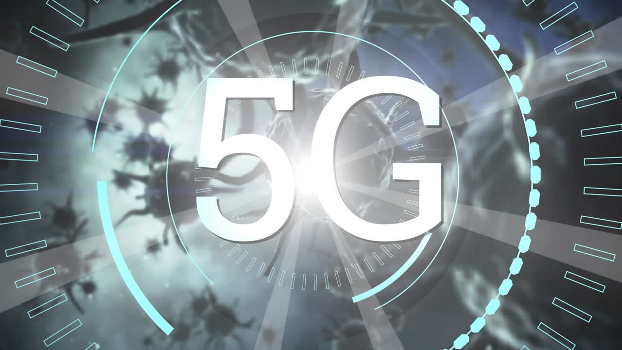 animazione di 5g scritta su cellule di coronavirus che si diffondono su sfondo blu.