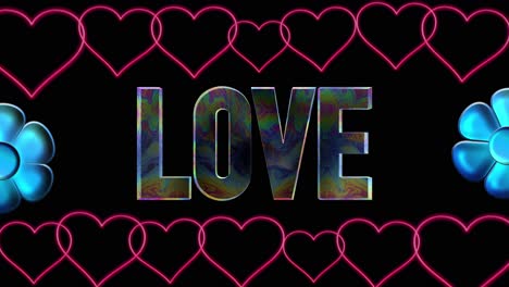 Love-word-with-symbolic-red-heart-shapes-and-blue-flowers-on-edge,computer-graphic-animation