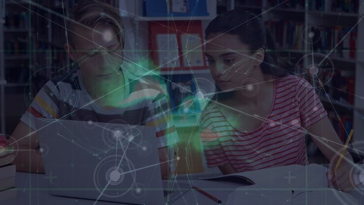 Animation of network of connections over diverse students using laptop