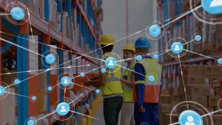 Animazione di una rete di connessioni con icone su uomini che lavorano in un magazzino