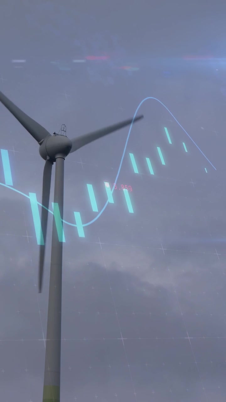 Turbina eolica a 3 pale che gira sotto una raffica, con barre ciano curve che si animano attraverso il rotore per il monitoraggio dell'energia.