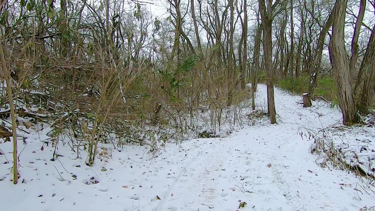 POV from all terrain vehicle ATV while driving on a snow covered trail up hill through the woods on an winter afternoon; point of view
