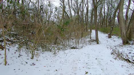 pov from all terrain vehicle atv while driving on a snow covered trail up hill through the woods on an winter afternoon; point of view