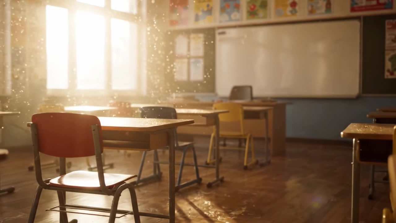 Un'aula serena immersa nella luce dorata: cattura l'atmosfera pacifica di un'aula scolastica con particelle di polvere che danzano nei raggi del sole