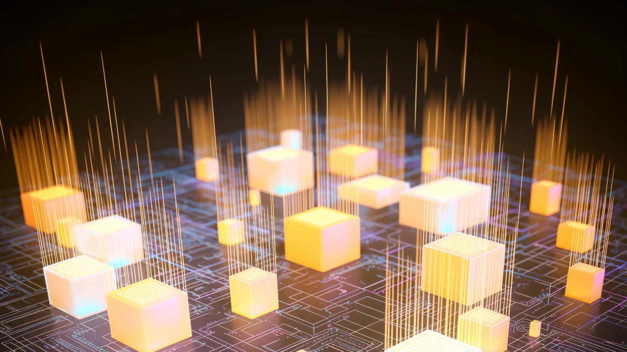 Abstract Digital Data Visualization with Glowing Cubes and Circuitry