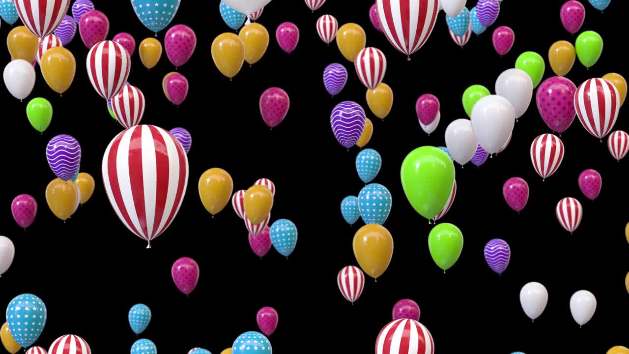 globos multicolores volando de abajo hacia arriba disparo de gran ángulo aislado en fondo negro 4k con canal de luma