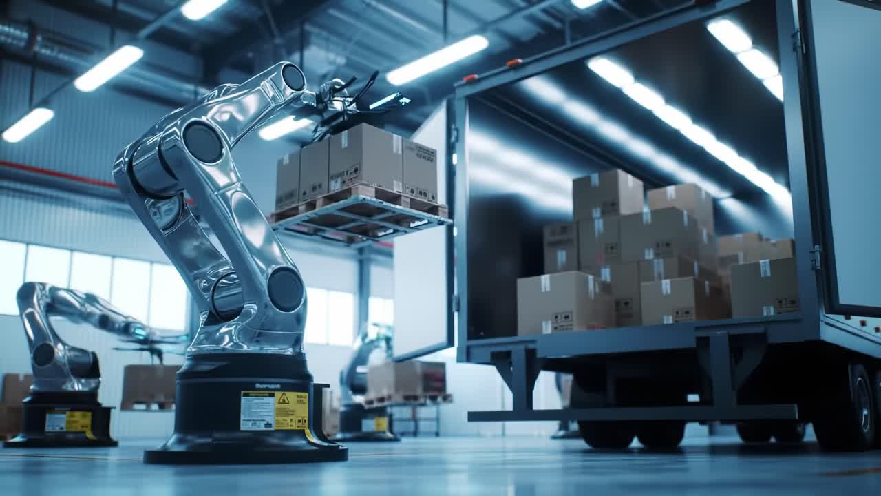 Automated Robotic System Loading and Unloading Packages in a Warehouse, Showcasing Advanced Robotics and Efficient Supply Chain Management