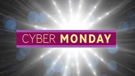 animation of cyber monday text on purple banner over glowing light on black background