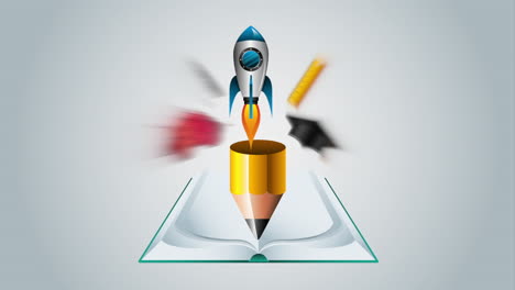 text book and rocket with education supplies animation