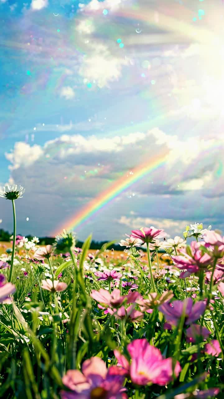 Low-angle video frame of a vibrant meadow with pink flowers under a bright, sunny sky