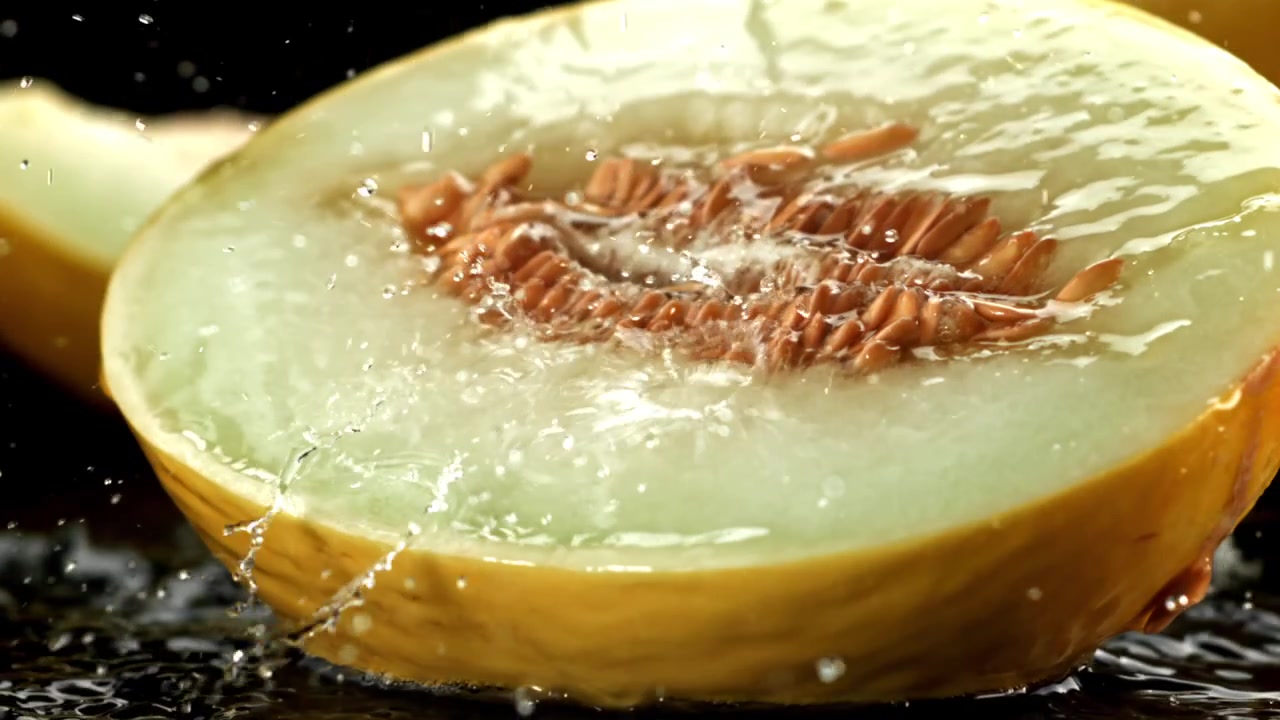 Fresh Half Melon with Water Splashing in Slow Motion