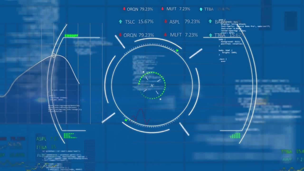 Animation of financial data processing and scope scanning on blue background