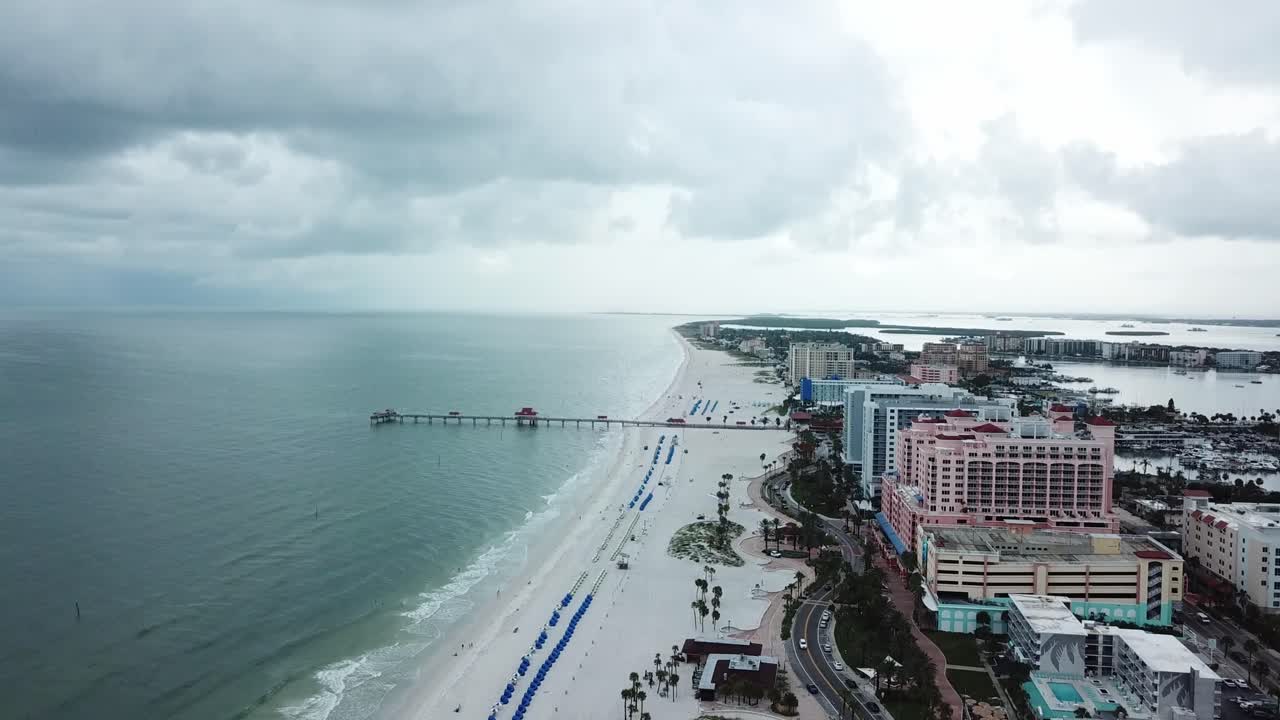 Clearwater Florida  white sand beach and hotels on  Cloudy Day aerial