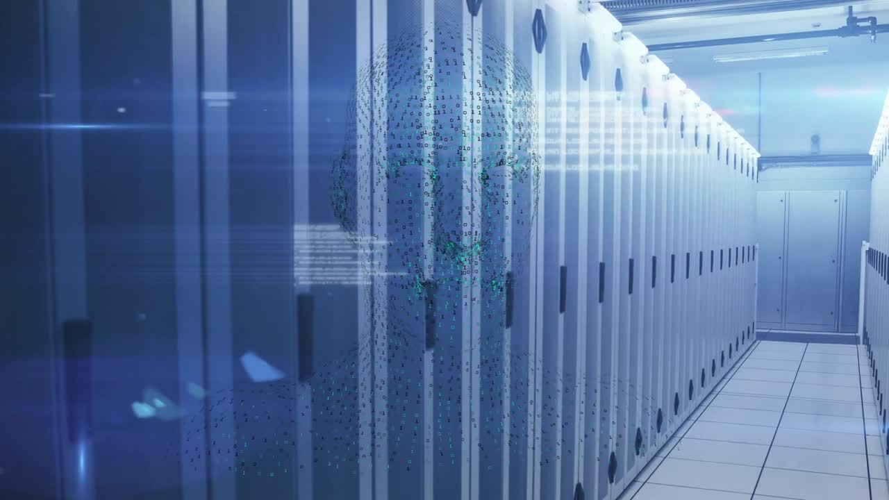 Digital AI head being visualized in data center corridor, featuring server racks and cable trays