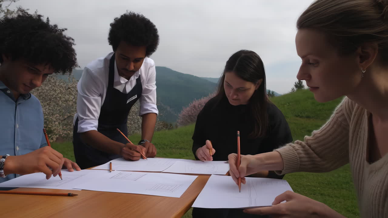 Group of people drawing outdoors with pencils and paper