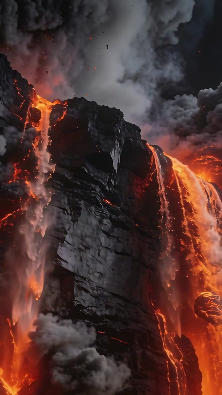 Vertikales Video: Ausbrechende steile Basaltklippe, die zwei Lavaströme die Felswand hinabsendet und Asche ausstößt.