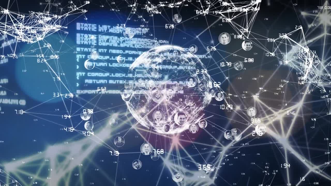 Animation of globe over network of connections and data processing