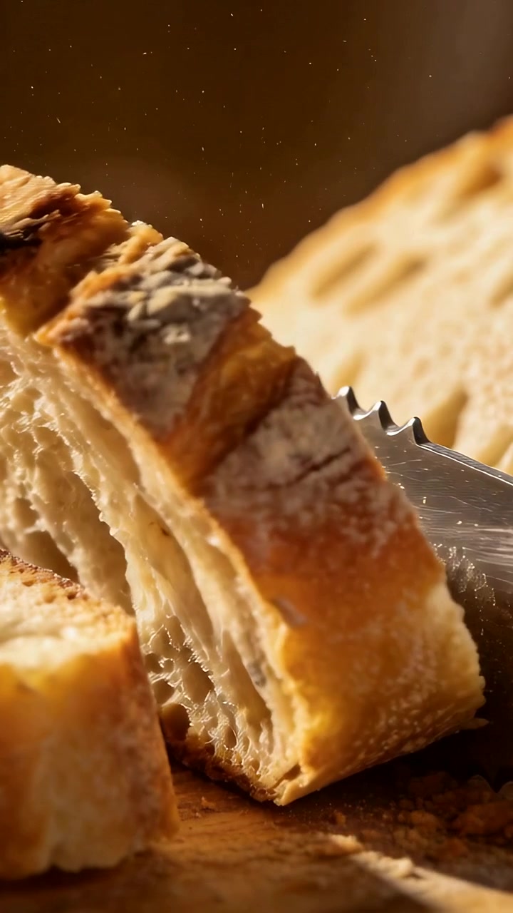 Video verticale: Un coltello seghettato che preme separando una fetta da una pagnotta su un tagliere da cucina, sollevando le briciole.