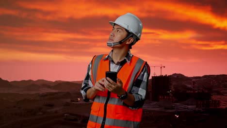 trabajador de la construcción comprobando el progreso al atardecer