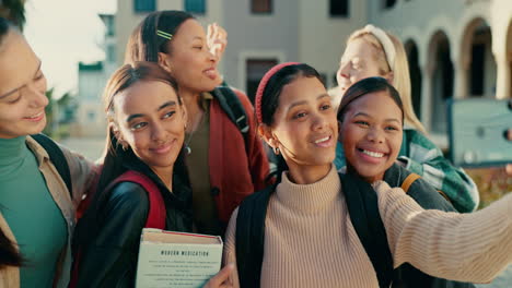 Laughing,-students-and-selfie-on-diversity-school