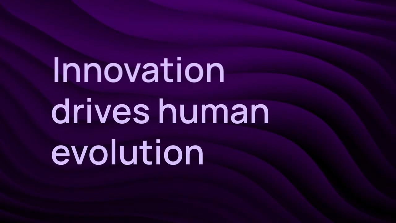Animated Text Innovation Drives Human Evolution on Purple Wavy Background