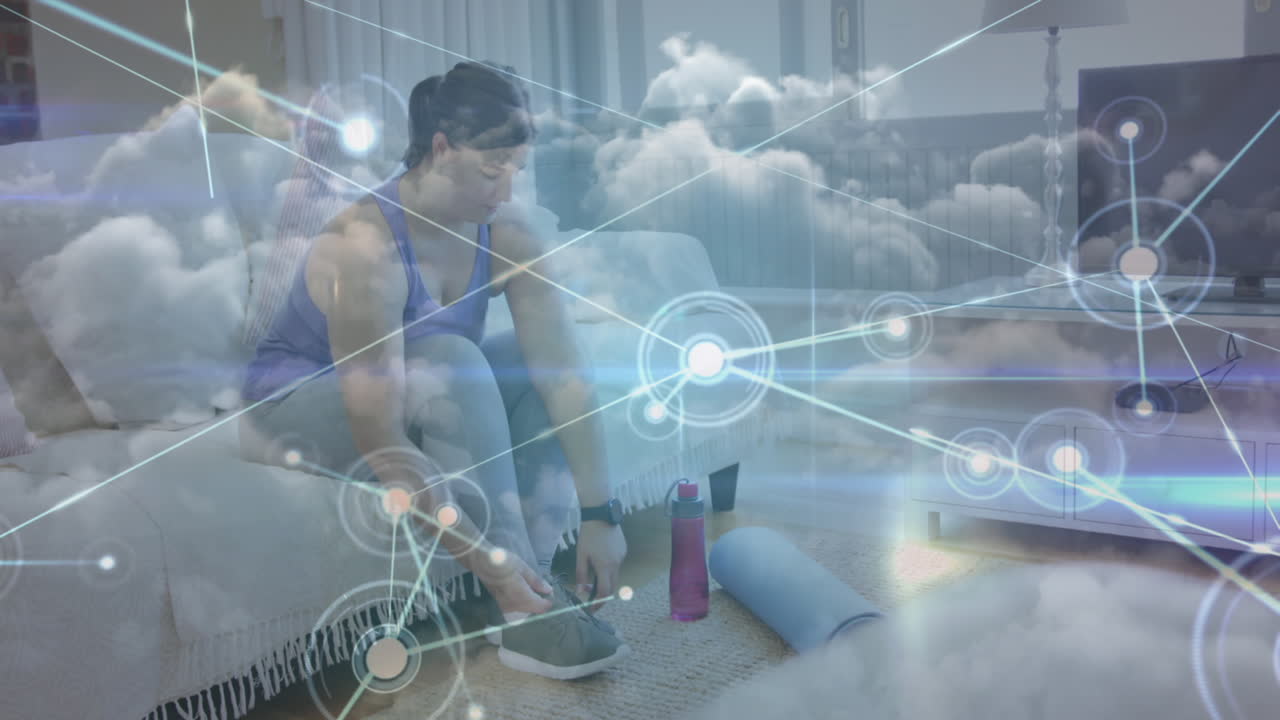 animación de una red de conexiones sobre una mujer atando cordones de zapatos y nubes